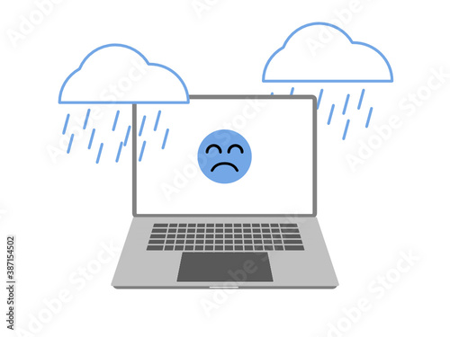 Sad computer illustration concept. Unhappy emoji on a screen of an open laptop under weather. Clouds and rain at the background.
