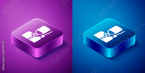 Fotografie Isometric British guardsman with bearskin hat marching icon isolated on blue and purple background