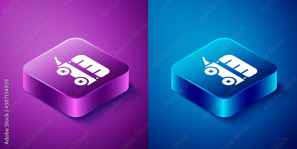 Isometric Wild west covered wagon icon isolated on blue and purple background. Square button. Vector. Isometric Wild west covered wagon icon isolated on blue and purple background. Square button. Vector.