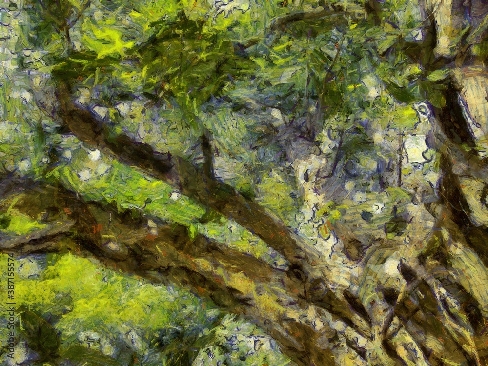 A big tree trunk landscape Illustrations creates an impressionist style of painting.