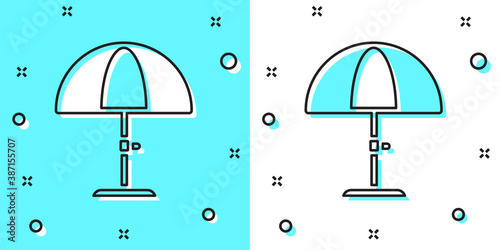 Black line Sun protective umbrella for beach icon isolated on green and white background. Large parasol for outdoor space. Beach umbrella. Random dynamic shapes. Vector.