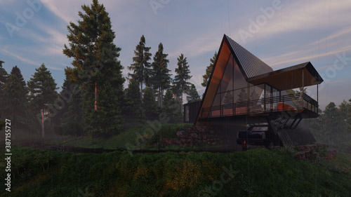 Domestic House with an A Frame Design on a Rainy Morning 3D Rendering