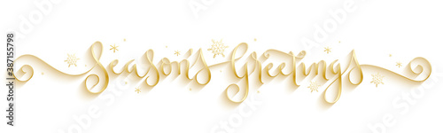 SEASON'S GREETINGS gold metallic vector brush calligraphy banner with spiral flourishes and snowflakes