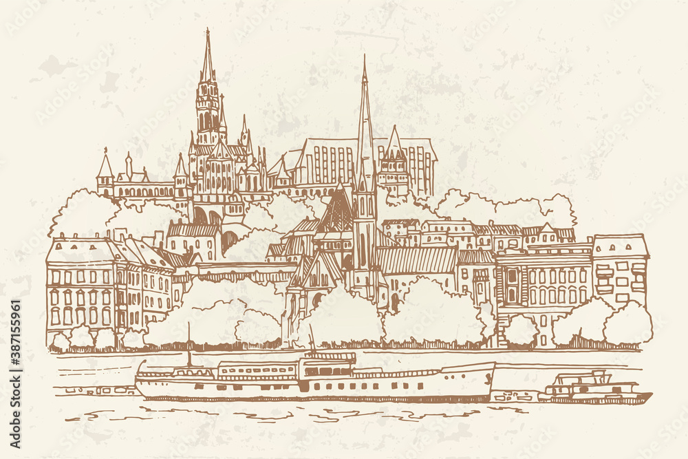 vector sketch of Budapest cityscape with Buda castle and Danube river