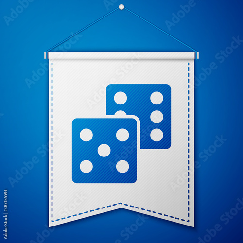 Blue Game dice icon isolated on blue background. Casino gambling. White pennant template. Vector.