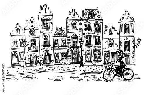 Vector sketch of Traditional architecture in the town of Bruges (Brugge), Belgium