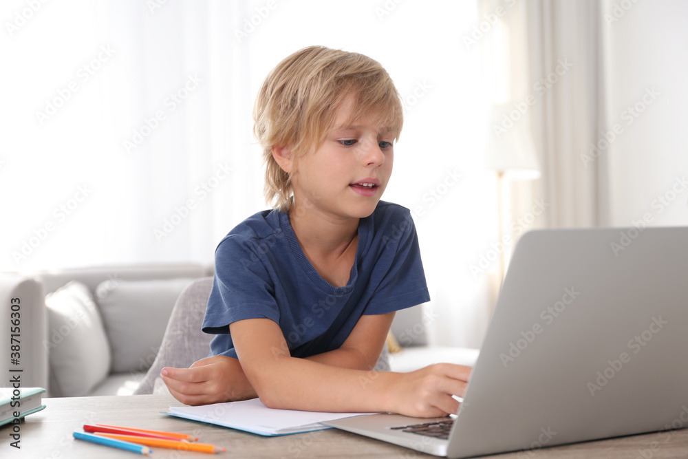 Little boy studying online at home. Distance learning during COVID-19 pandemic Little boy studying online at home. Distance learning during COVID-19 pandemic