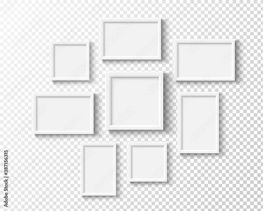 Photo frames on wall. White picture frame set. Vector empty realistic gallery. Photo frames on wall. White picture frame set. Vector empty realistic gallery.