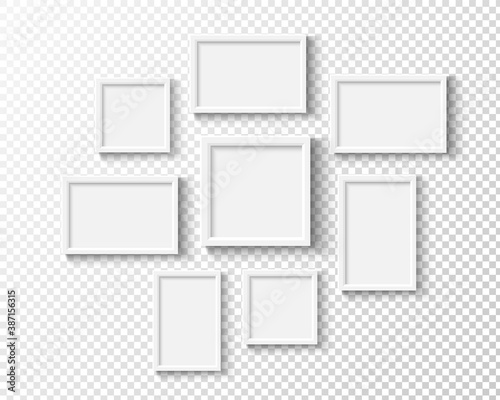 Photo frames on wall. White picture frame set. Vector empty realistic gallery.