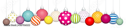 Banner Hängende Weihnachtskugeln Muster Bunt Weiß Silber