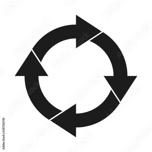 Circular arrow icon. Recycling arrows black symbol isolated on white. Vector isolated on white.