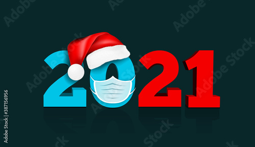 Happy New Year 2021. Figures under the hat of Santa Claus and medial face mask. Vector illustration