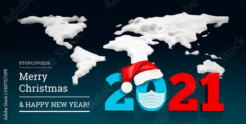 Happy New Year 2021 on the background of a snowy ice world map. Numbers 2021 under the hat of Santa Claus. Vector