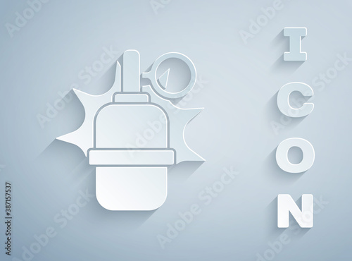Paper cut Hand grenade icon isolated on grey background. Bomb explosion. Paper art style. Vector.