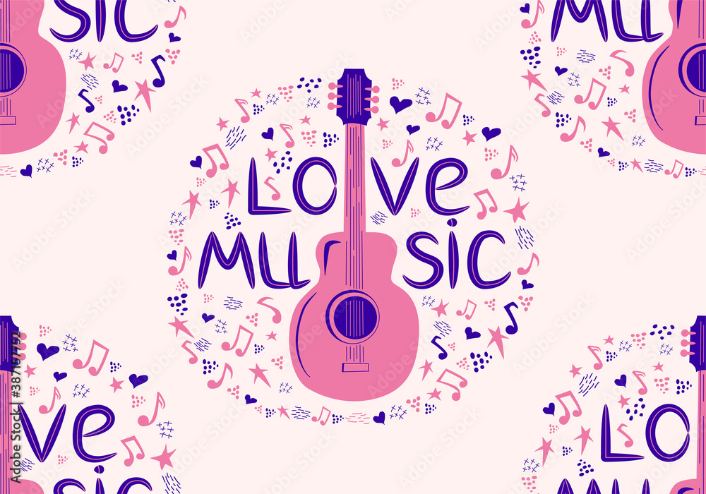 Colourful sketch drawing doodle seamless pattern of music culture with country guitar and text phrase Love Music Colourful sketch drawing doodle seamless pattern of music culture with country guitar and text phrase Love Music