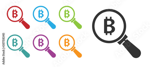 Black Magnifying glass with Bitcoin icon isolated on white background. Physical bit coin. Blockchain based secure crypto currency. Set icons colorful. Vector.