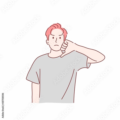 Angry man showing thumbs down sign gesture. Dislike, negative emotions face expression concept. Hand drawn character style.