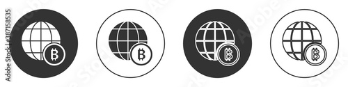 Black Globe and cryptocurrency coin Bitcoin icon isolated on white background. Physical bit coin. Blockchain based secure crypto currency. Circle button. Vector.