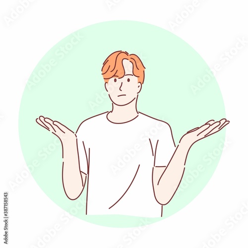 Man gesturing spreads his hands. Unhappy, question, problem, confused, unsure concept. Hand drawn flat character style.