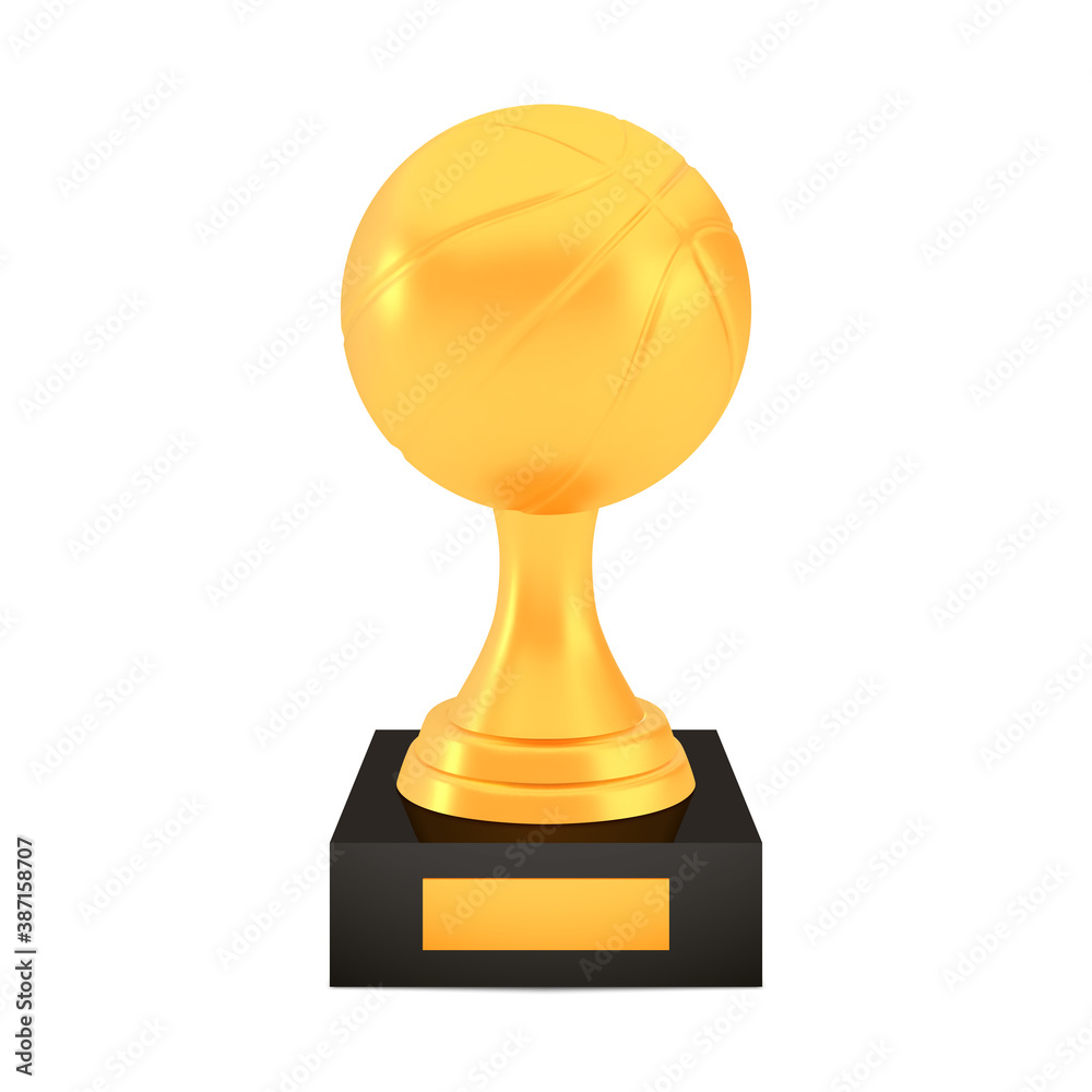 Winner basketball cup award on stand with empty plate, golden trophy logo isolated on white background Winner basketball cup award on stand with empty plate, golden trophy logo isolated on white background