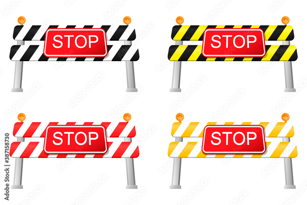 Stop sign. New realistic set of barriers of different colors to regulate traffic on the highway.