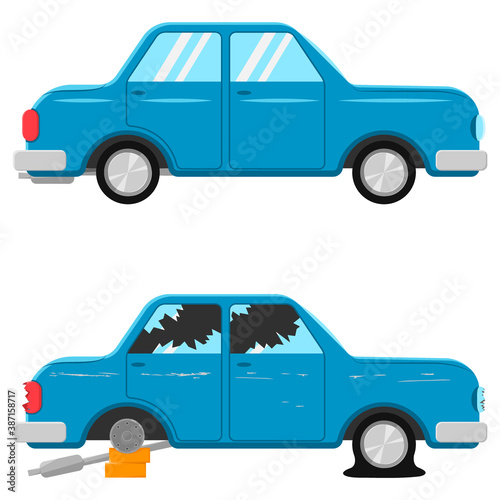 New car and broken car. Visual images before and after vehicle repair.