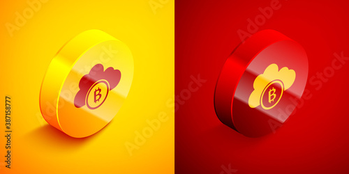 Isometric Cryptocurrency cloud mining icon isolated on orange and red background. Blockchain technology, bitcoin, digital money market, cryptocoin wallet. Circle button. Vector. © Kostiantyn