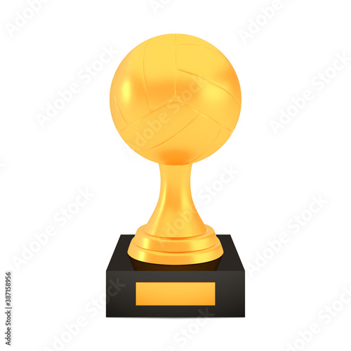 Winner volleyball cup award on stand with empty plate, golden trophy logo isolated on white background