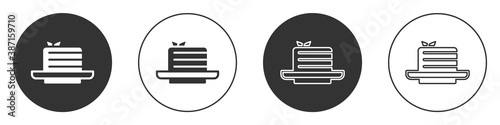 Black Medovik icon isolated on white background. Honey layered cake or russian cake Medovik on plate. Circle button. Vector.