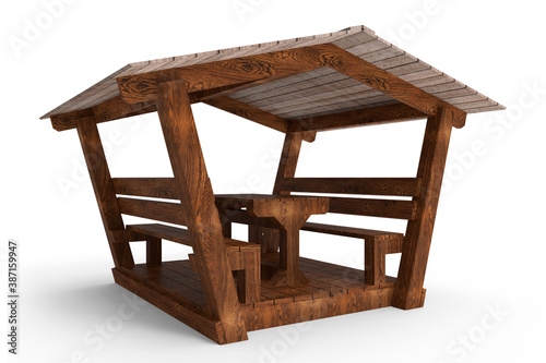 3D rendering of a wooden gazebo with a table and two benches