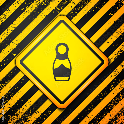 Black Russian doll matryoshka icon isolated on yellow background. Warning sign. Vector.