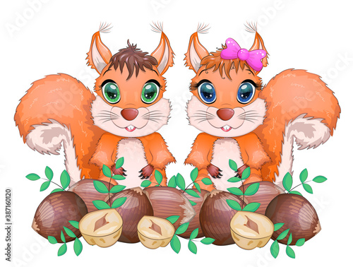 Cute cartoon squirrel with beautiful eyes holds a nut, surrounded by nuts