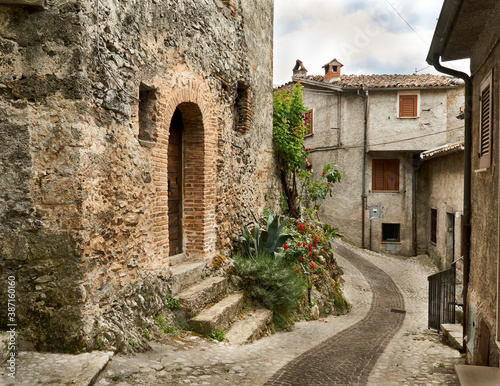 Castel di Tora is pretty medieval village by the lake Turano in Lazio Italy © Heli