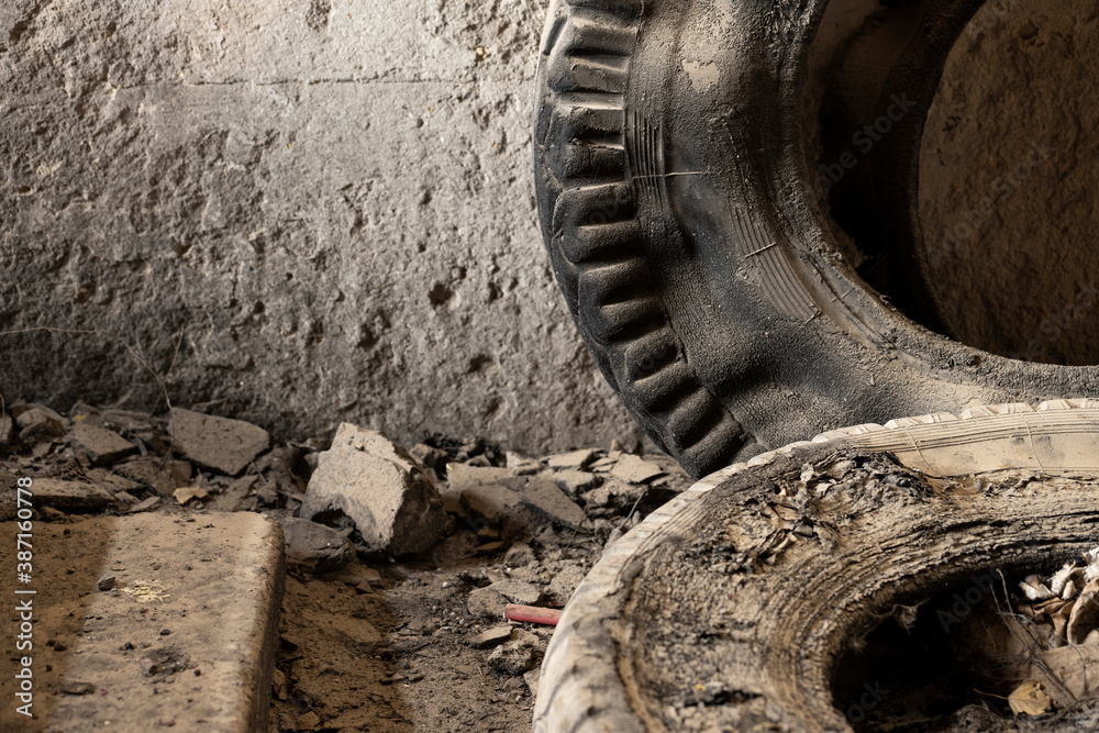 Old tires from car. Wheels for rubber recycling. Old tires from car. Wheels for rubber recycling.