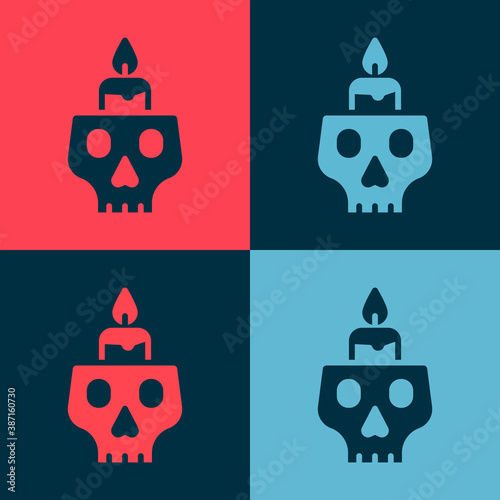Pop art Burning candle on a skull icon isolated on color background. Day of dead. Vector.