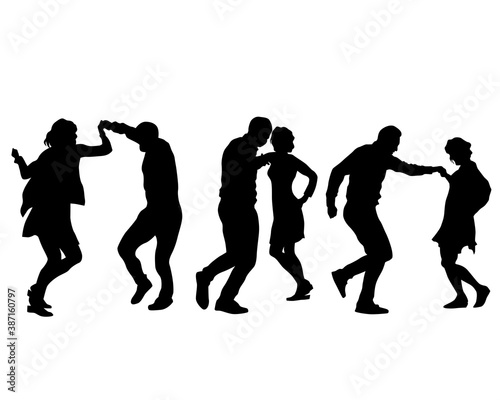 Young people are dancing in a nightclub. Isolated silhouettes on white background