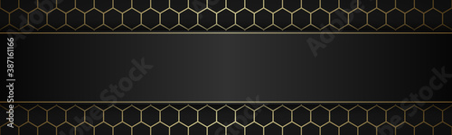 Geometric polygons header with free space for your text. Abstract black and gold metallic banner. Simple vector illustration