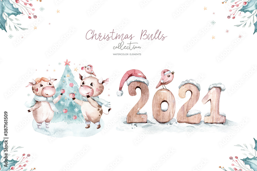 Watercolor cartoon illustration. Symbol of the year 2021. Funny and cute Bull. Christmas illustration. Watercolor cartoon illustration. Symbol of the year 2021. Funny and cute Bull. Christmas illustration.