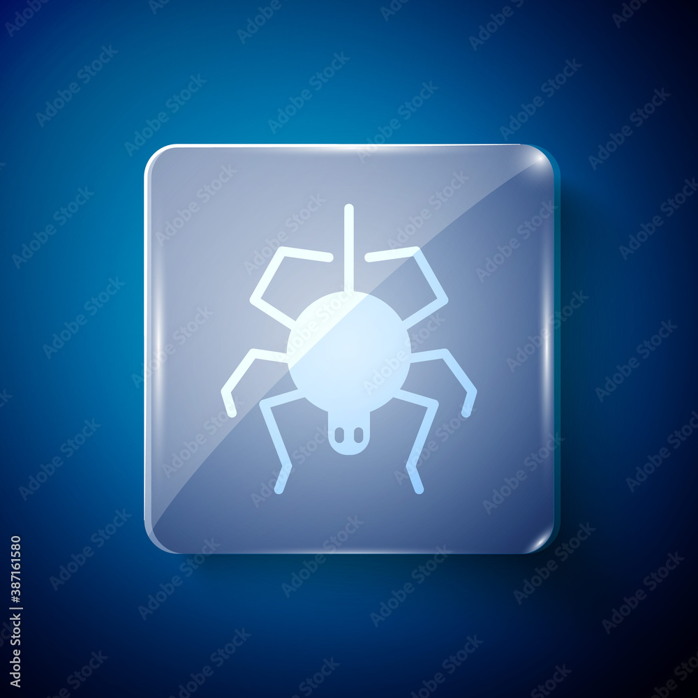 White Spider icon isolated on blue background. Happy Halloween party. Square glass panels. Vector.