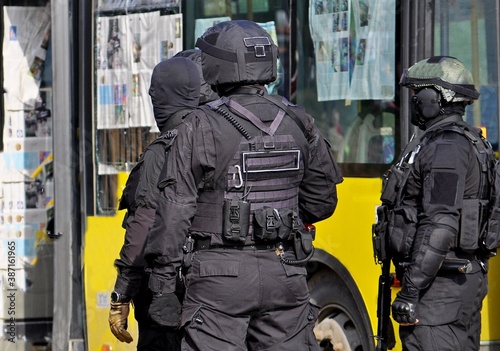 Close-up of Exercises of Russian SWAT to free hostages captured by terrorists on a bus