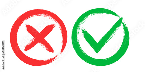 Tick and Cross sign elements. vector buttons for vote, election choice, check marks, approval signs design. Red X and green OK symbol icons check boxes. Check list marks, choice options, survey signs.