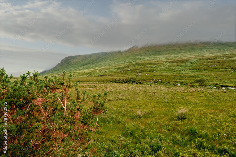 Obraz premium Lanscape view in Connemara, Ireland. Green fields and mountains in clouds, Nobody.