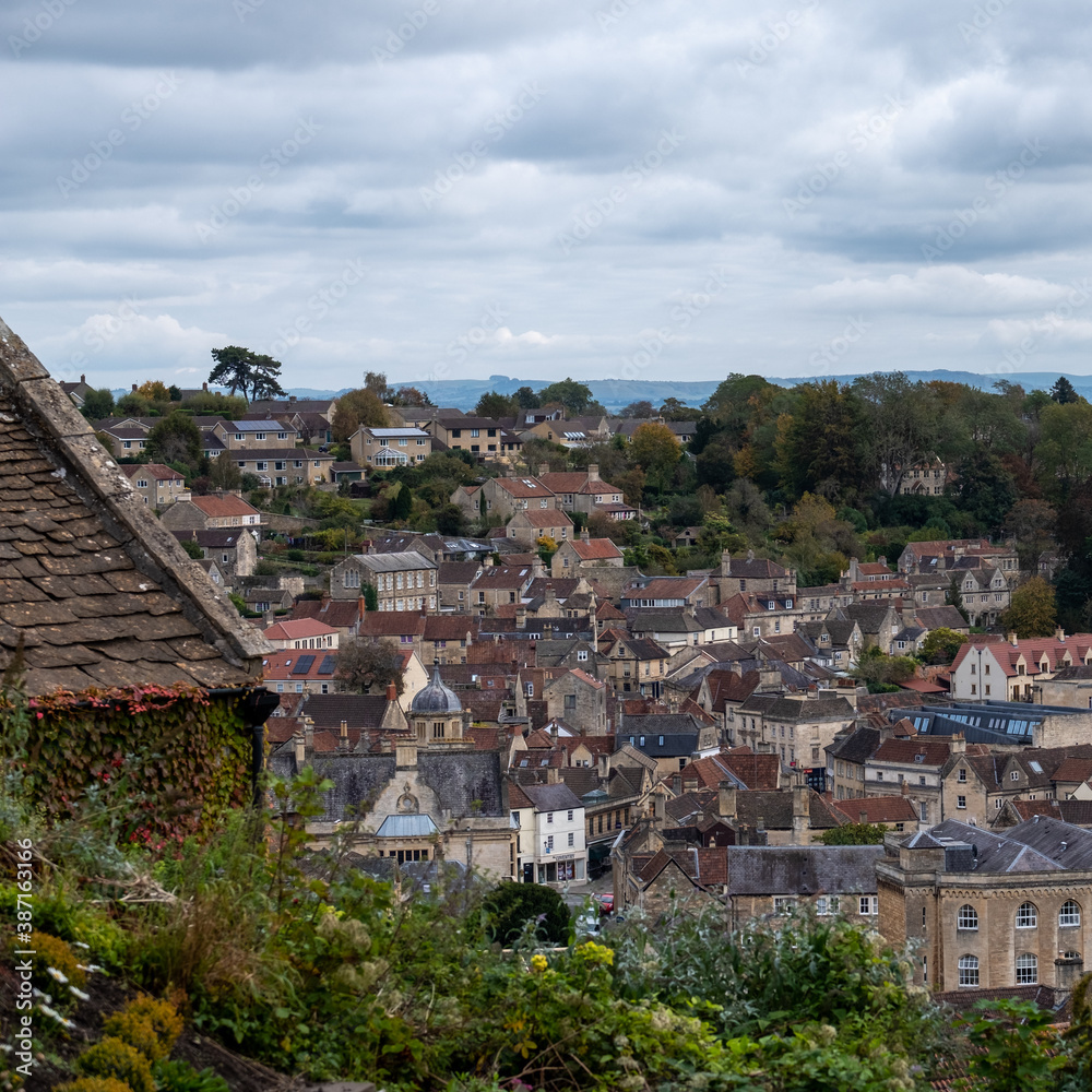 View of the historic town of Bradford on Avon in the Cotswolds, Wiltshire, UK, taken  from St Mary Tory Chapel, the high point of the town.
