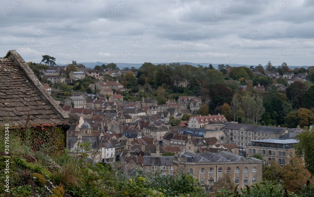 View of the historic town of Bradford on Avon in the Cotswolds, Wiltshire, UK, taken  from St Mary Tory Chapel, the high point of the town.