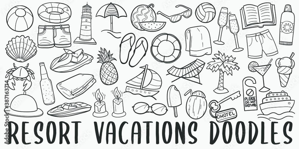 Resort Summer doodle icon set. Vacations Vector illustration collection. Banner Hand drawn Line art style.