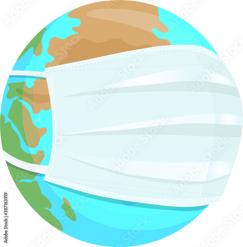 The globe in a protective medical mask. Danger of infection with coronavirus. Protect yourself and others from viral diseases, environmental and air pollution. Vector