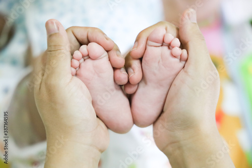 Close up of mother hand holding infant feet. Concept for love,happy family,parenthood.