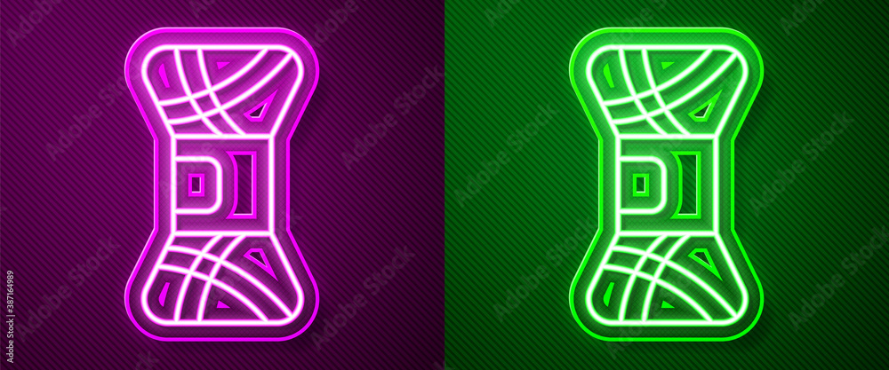 Glowing neon line Yarn icon isolated on purple and green background. Label for hand made, knitting or tailor shop. Vector Illustration. Glowing neon line Yarn icon isolated on purple and green background. Label for hand made, knitting or tailor shop. Vector Illustration.