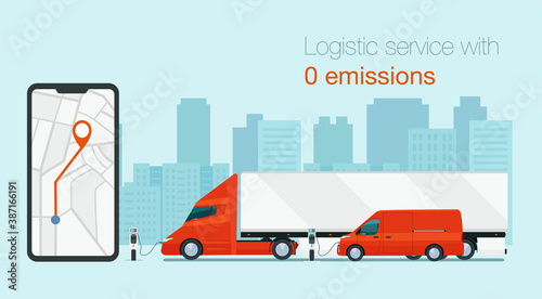 Logistic service with electric vehicles. Cargo vans and truck. Tracking an order using his smartphone. Abstract cityscape in the background. Concept for logistics and technology. Vector illustration.