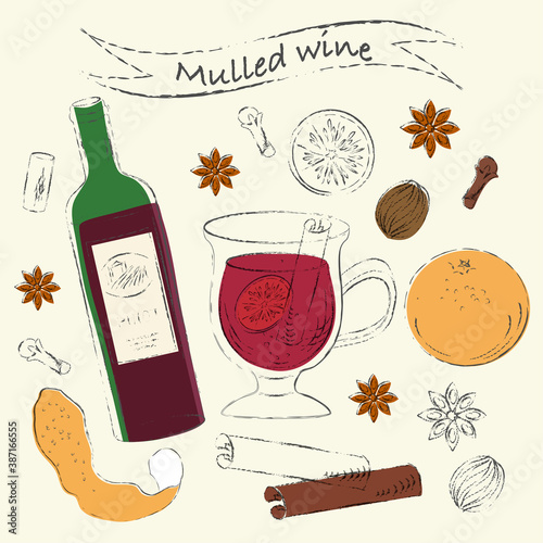 Mulled wine ingredients sketch drawing set with spices